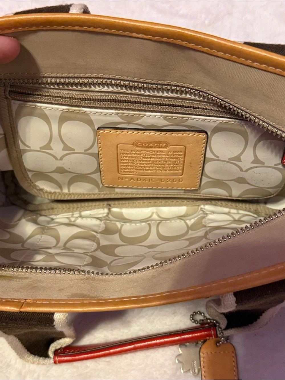 Coach Khaki Tote with Brown Straps and Red Accents